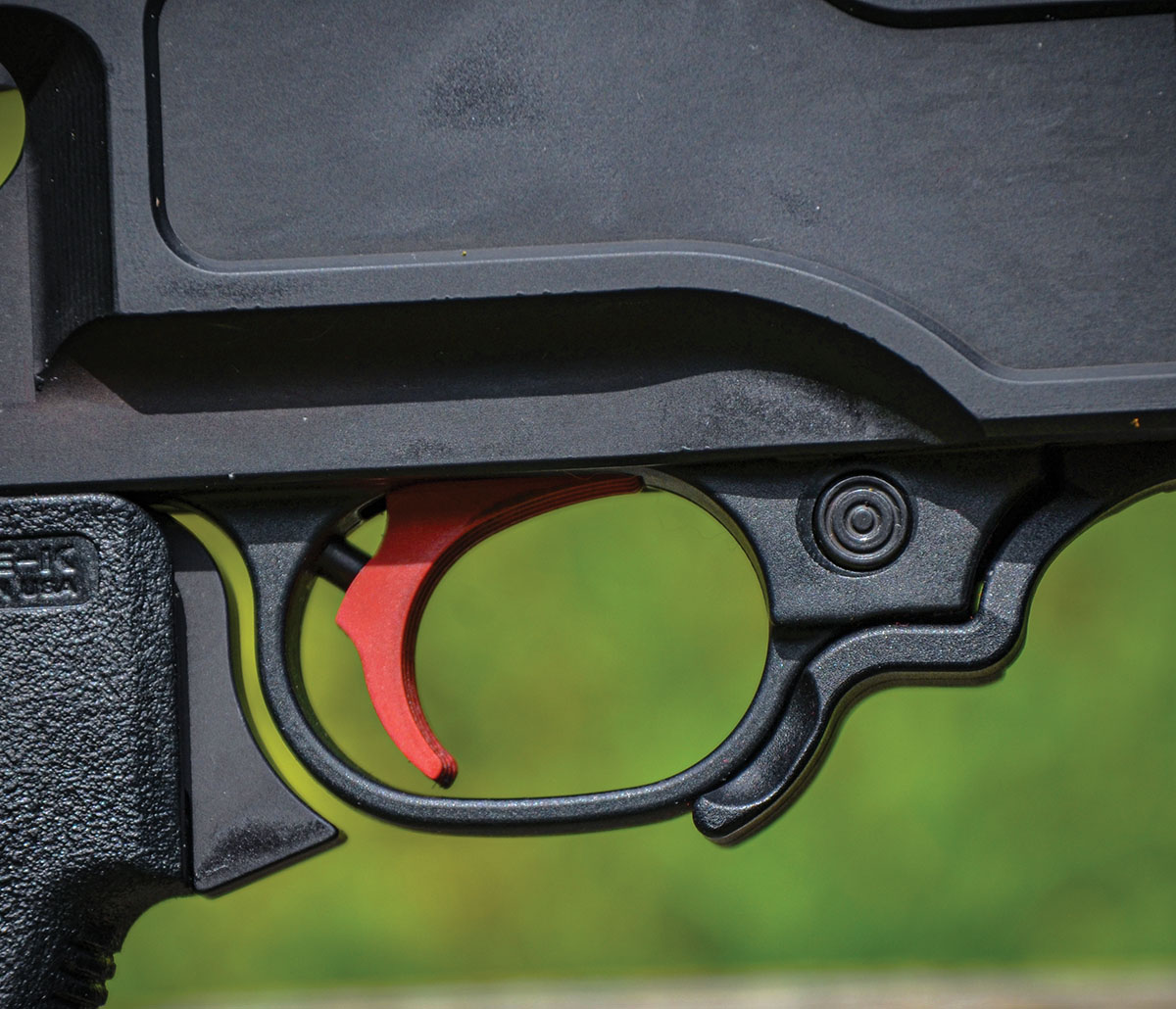 Ruger’s BX trigger on the test rifle had about the same amount of take-up as a standard-production 10/22, but with an average pull weight of 2.8 pounds on a Lyman digital scale. It is a bit more than 3 pounds lighter. The transverse safety button at the front of the trigger guard is easy to reach and operate.